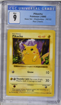 Pokemon 1999 Base Set Shadowless Pikachu Red Cheeks 58/102 CGC Mint 9 - Image 1