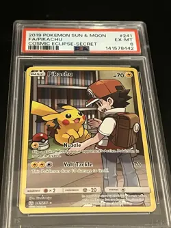 PIKACHU Secret Rare Holo 241/236 PSA-6-2019 Pokemon Sun & Moon Cosmic Eclipse - Image 1