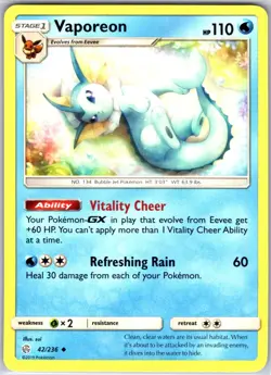 Vaporeon 42/236 Uncommon Regular Card SM - Cosmic Eclipse Pokemon TCG NM - Image 1
