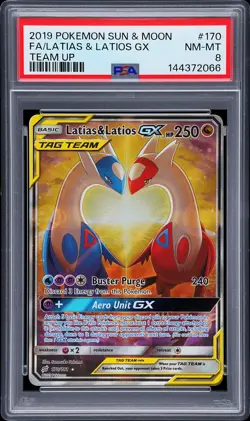 2019 POKEMON SUN & MOON TEAM UP #170 FULL ART/LATIAS & LATIOS GX PSA 8 - Image 1