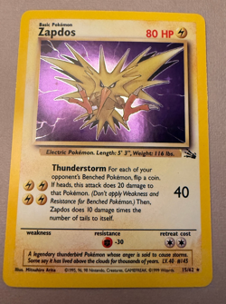 Zapdos 15/62 Holo Rare Card 1999 Pokemon Fossil WOTC Vintage MP - Image 1