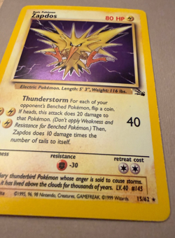 Zapdos 15/62 Holo Rare Card 1999 Pokemon Fossil WOTC Vintage MP - Image 3