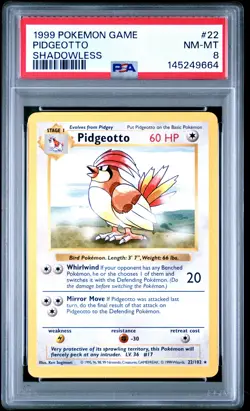 1999 POKEMON GAME SHADOWLESS #22 PIDGEOTTO PSA 8 - Image 1