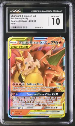 CGC 10 Charizard & Braixen GX 2019 Cosmic Eclipse 22/236 Holo Pokemon Card - Image 1