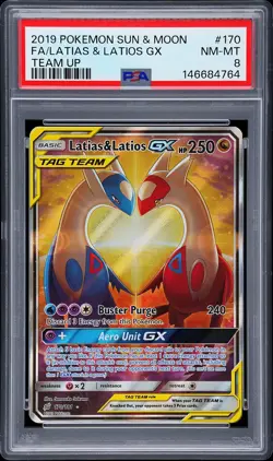 2019 POKEMON SUN & MOON TEAM UP #170 FULL ART/LATIAS & LATIOS GX PSA 8 - Image 1