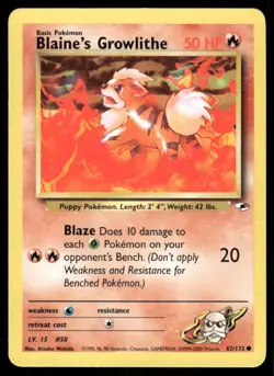 Pokemon Cards Blaine's Growlithe 62/132 UNLIMITED Gym Heroes WOTC Common NM - Image 1