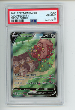 2021 Pokemon Fusion Strike Greedent V 257/264 Full Art Rare PSA 10 (278) - Image 1