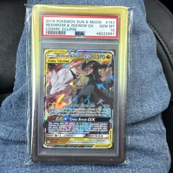 Pokemon 2019 Sun & Moon Cosmic Eclipse #157 Reshiram & Zekrom GX PSA 10 Gem Mint - Image 1