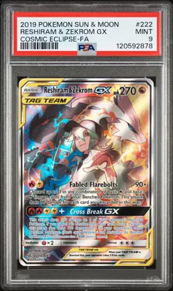 2019 POKEMON SUN & MOON COSMIC ECLIPSE #222 FULL ART/RESHIRAM & ZEKROM GX PSA 9 - Image 1