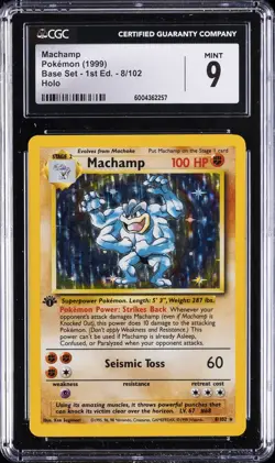 1999 POKEMON BASE SET - 1ST ED - HOLO #8/102 MACHAMP CGC 9 - Image 1