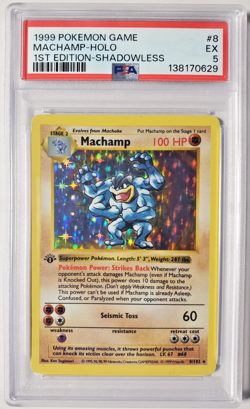 1999 POKEMON BASE SET 1ST EDITION-SHADOWLESS #8 MACHAMP-HOLO PSA 5 - Image 1