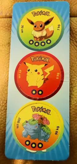 POKEMON 1998 STILL ON CARD COLLECTION OF THREE UNUSED POGS incl #25 PIKACHU - Image 1