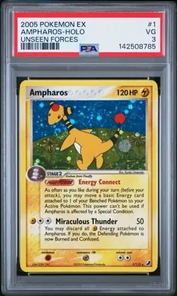 2005 POKEMON EX UNSEEN FORCES #1 AMPHAROS-HOLO UNSEEN FORCES PSA 3 - Image 1