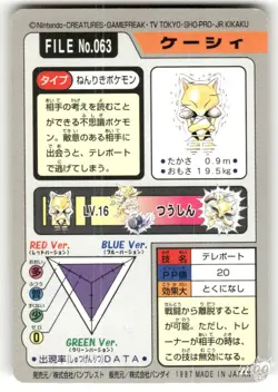 1997 Moderately Played Pokemon Abra No. 063 Bandai Carddass Series 3-4 Japanese - Image 2