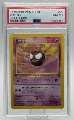 1999 POKEMON FOSSIL #33 GASTLY 1ST EDITION PSA 8 NM-MT - Image 1