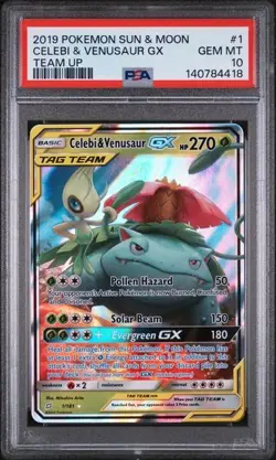 2019 POKEMON SUN & MOON TEAM UP #1 CELEBI & VENUSAUR GX PSA 10 - Image 1