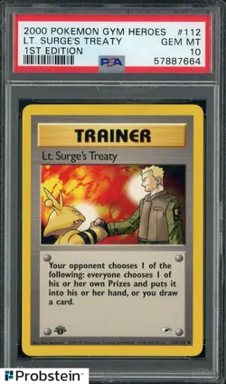 2000 Pokemon Gym Heroes 1st Edition #112 Lt. Surge's Treaty PSA 10 GEM MINT - Image 1