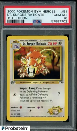 2000 Pokemon Gym Heroes 1st Edition #51 Lt. Surge's Raticate PSA 10 GEM MINT - Image 1