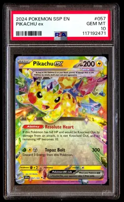 PSA 10 Pikachu EX 057 Pokemon Ssp En Surging Sparks 2024 - Image 1