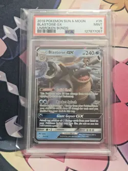 2019 Pokemon Unbroken Bonds #35 Blastoise GX PSA 9 Mint - Image 1