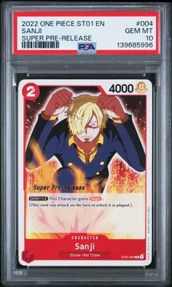 2022 ONE PIECE SUPER PRE RELEASE ST01-004 SANJI PSA 10 GEM MINT - Image 1