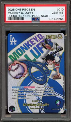 One Piece CCG Monkey.D.Luffy Dodgers X One Piece Night EB02-010 PSA 10 Gem Mint - Image 1