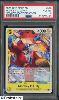 2023 One Piece EN OP04 P/R Participation #036 Monkey D. Luffy PSA 8 NM-MT - Image 1