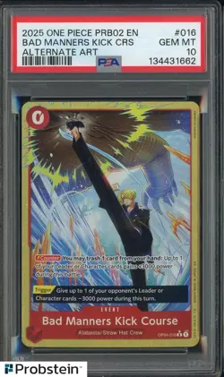 2025 One Piece PRB02 EN Alternate Art #016 Bad Manners Kick Course PSA 10 GEM MT - Image 1