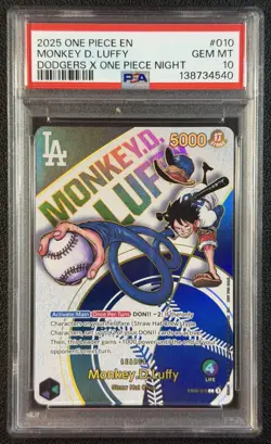 MONKEY D. LUFFY PSA 10 2025 ONE PIECE EN EB02-010 OPG PROMO DODGERS NIGHT GEM - Image 1