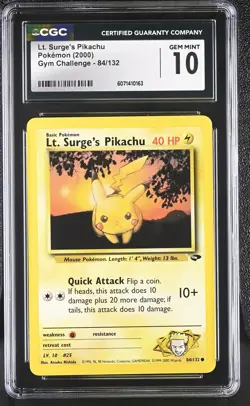 CGC 10 GEM MINT Lt. Surge's Pikachu 2000 Gym Challenge 84/132 Pokemon Card - Image 1