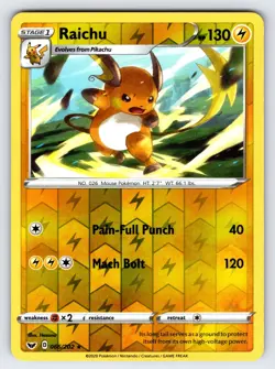 Raichu 066/202 2020 Sword & Shield Base Set Pokemon Card Reverse Holo Rare - Nm - Image 1