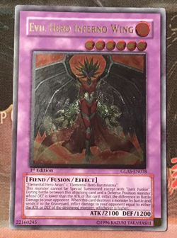 Yugioh Evil Hero Inferno Wing GLAS-EN038 Ultimate Rare 1st Edition Misprint - Image 1
