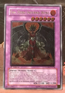 Yugioh Evil Hero Inferno Wing GLAS-EN038 Ultimate Rare 1st Edition Misprint - Image 3