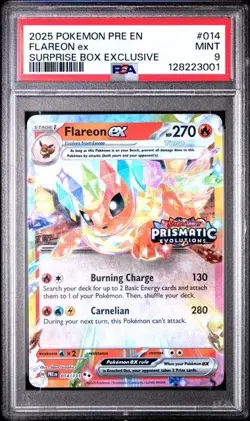2025 Prismatic Evolution Flareon ex Surprise Box Stamped Promo Card 014 PSA 9 - Image 1