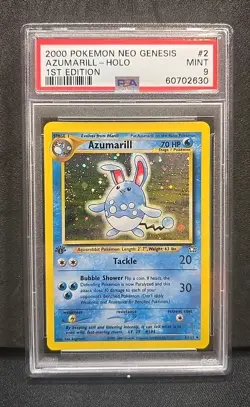 2000 Pokemon Neo Genesis Azumarill 1st Edition Holo Rare #2 PSA 9 Mint Swirl - Image 1