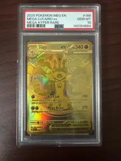 Pokemon 2025 Mega Lucario ex 188 Gold Hyper Rare Mega Evolution English PSA 10 - Image 1