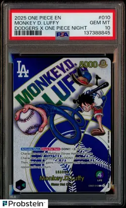 2025 One Piece EN Dodgers X One Piece Night #010 Monkey D. Luffy PSA 10 GEM MINT - Image 1