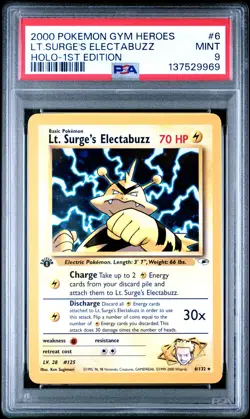 Pokemon Card Lt. Surge's Electabuzz 6/132 1st Edition Holo PSA 9 WOTC Gym Heroes - Image 1