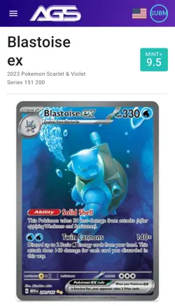 2023 Pokemon 151 Blastoise EX Full Art Secret Rare #200/165 – AGS 9.5 Mint+ - Image 1
