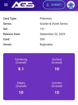 2023 Pokemon 151 Blastoise EX Full Art Secret Rare #200/165 – AGS 9.5 Mint+ - Image 2