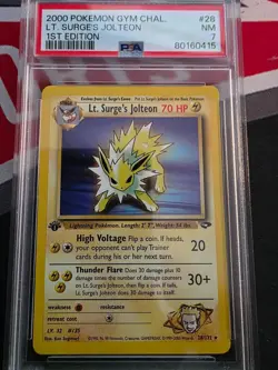 First Edition 2000 Pokemon Gym Challenge 28/132 Lt. Surge's Jolteon PSA Mint 7 - Image 1
