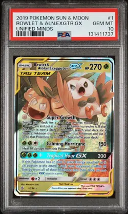 2019 POKEMON SUN & MOON UNIFIED MINDS #1 ROWLET & ALOLAN EXEGGUTOR GX PSA 10 - Image 1
