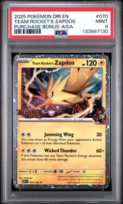 2025 POKEMON DRI EN-DESTINED RIVALS #070 TEAM ROCKET'S ZAPDOS PSA 9 - Image 1