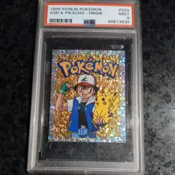 PSA 1999 Ash Merlin Pokemon Ash and Pikachu Prism Sticker #S29 PSA 9 Mint Rare - Image 1