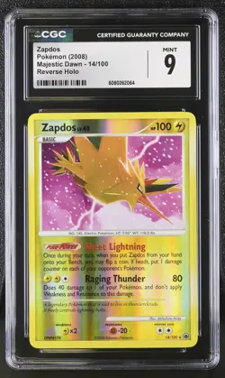 CGC 9 MINT Zapdos 2008 Majestic Dawn 14/100 Reverse Holo Pokemon Card - Image 1