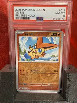2025 Pokemon Black Bolt Victini #012 Reverse Holo PSA 8 – Promo Rare - Image 1