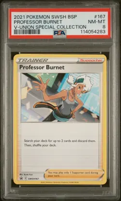 2021 Pokemon Swsh Black Star Promo Professor Burnet #167 PSA 8 - Image 1
