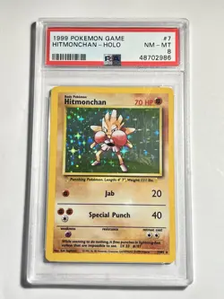 1999 POKEMON BASE SET UNLIMITED #7 HITMONCHAN-HOLO PSA 8 - Image 1