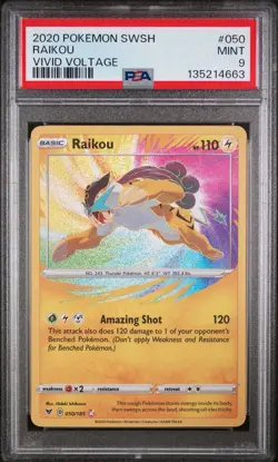 2020 Pokemon Raikou Holo Amazing Rare 050/185 SWSH Vivid Voltage PSA 9 Mint - Image 1