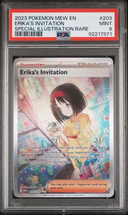 PSA 9 MINT 2023 POKEMON MEW EN-151 203 ERIKA'S INVITATION SIR - Image 1